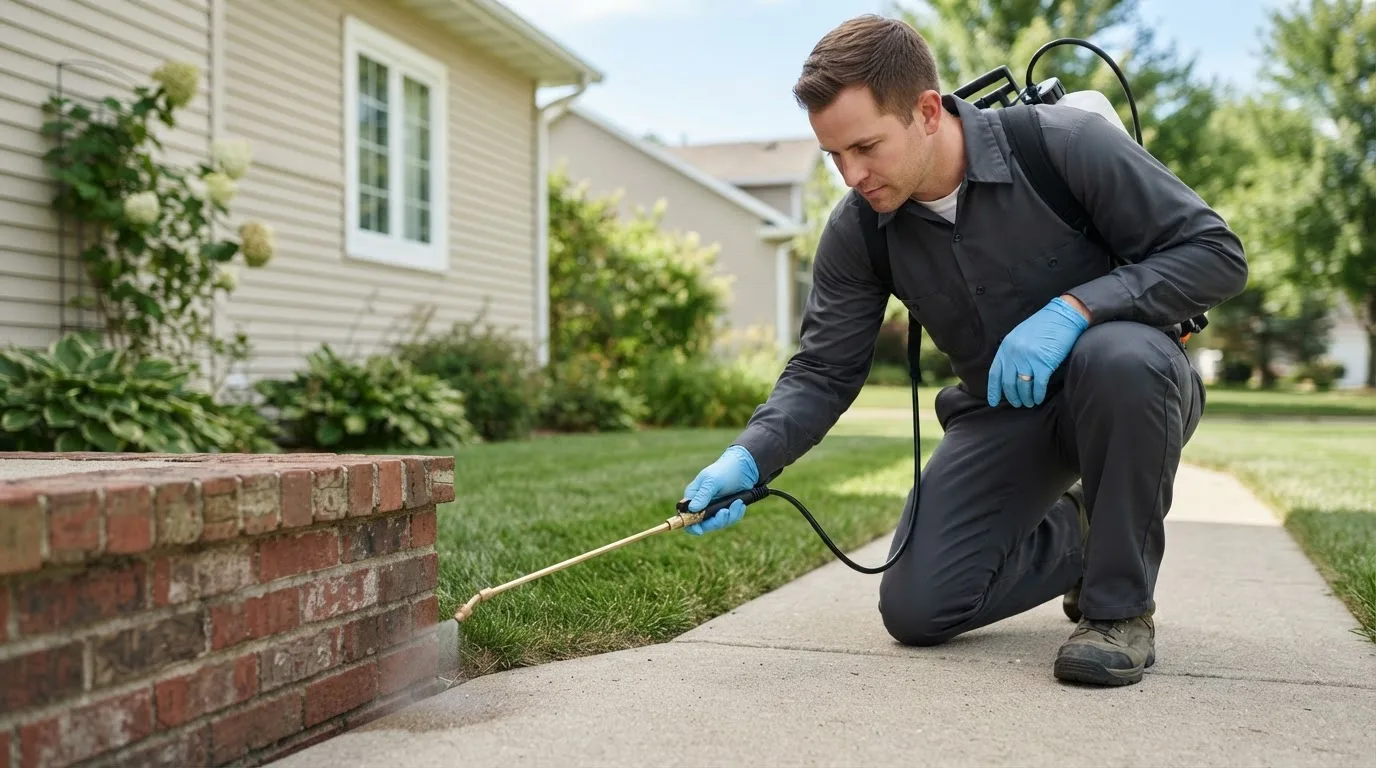 Pest control technician treating a home near Woodland, MI