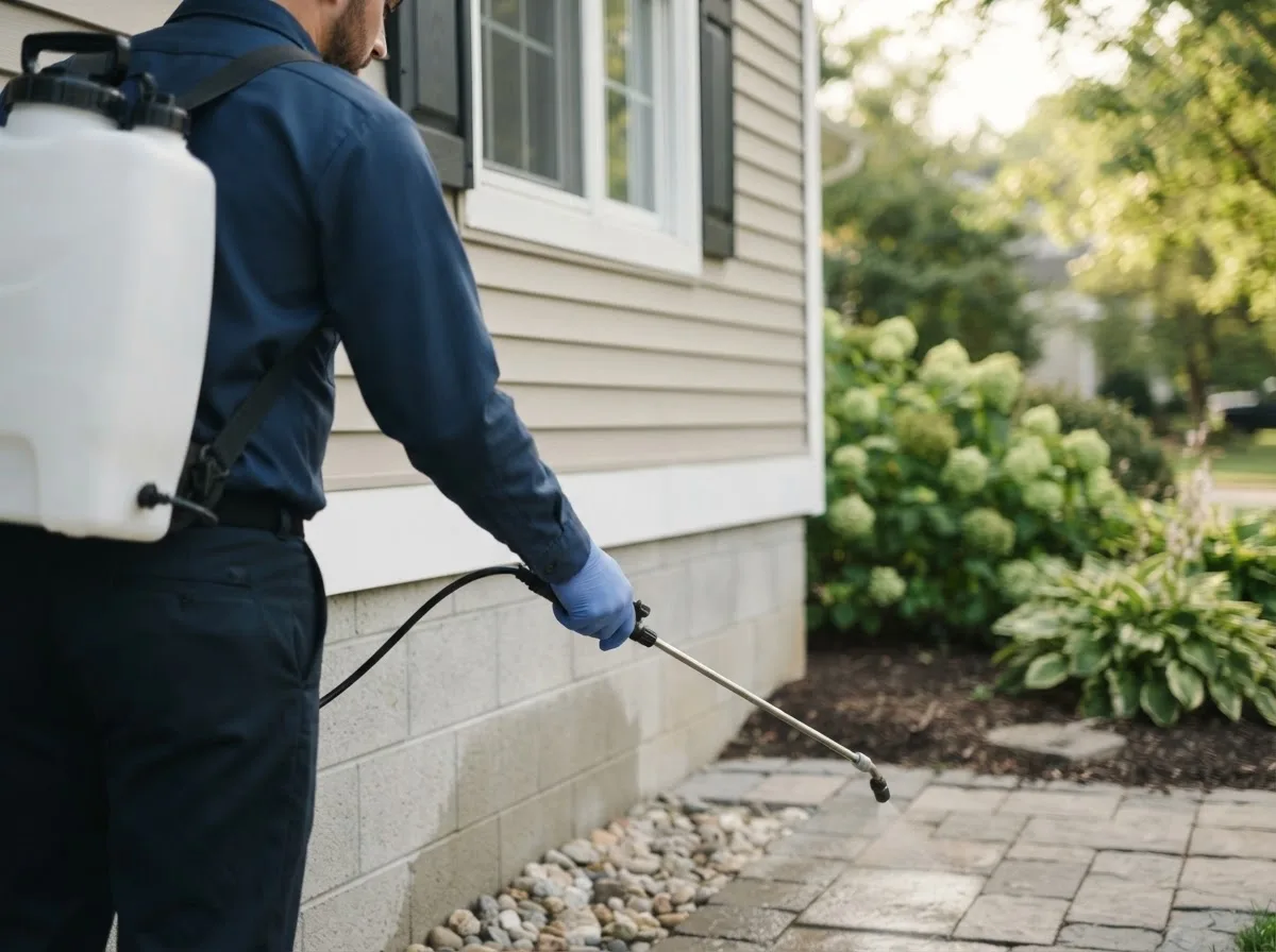 Pest control technician inspecting a home in Woodland, MI